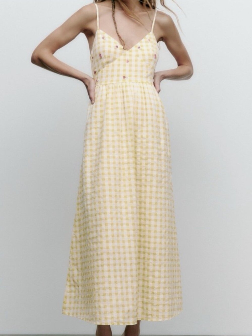 ZARA Yellow Gingham Dress Beaded - Like New